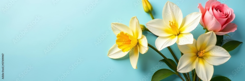 Beautiful spring bouquet with roses, daffodils, and lilies on a pastel blue backdrop, spring, background, lilies Beautiful spring bouquet with roses, daffodils, and lilies on a pastel blue backdrop, spring, background, lilies