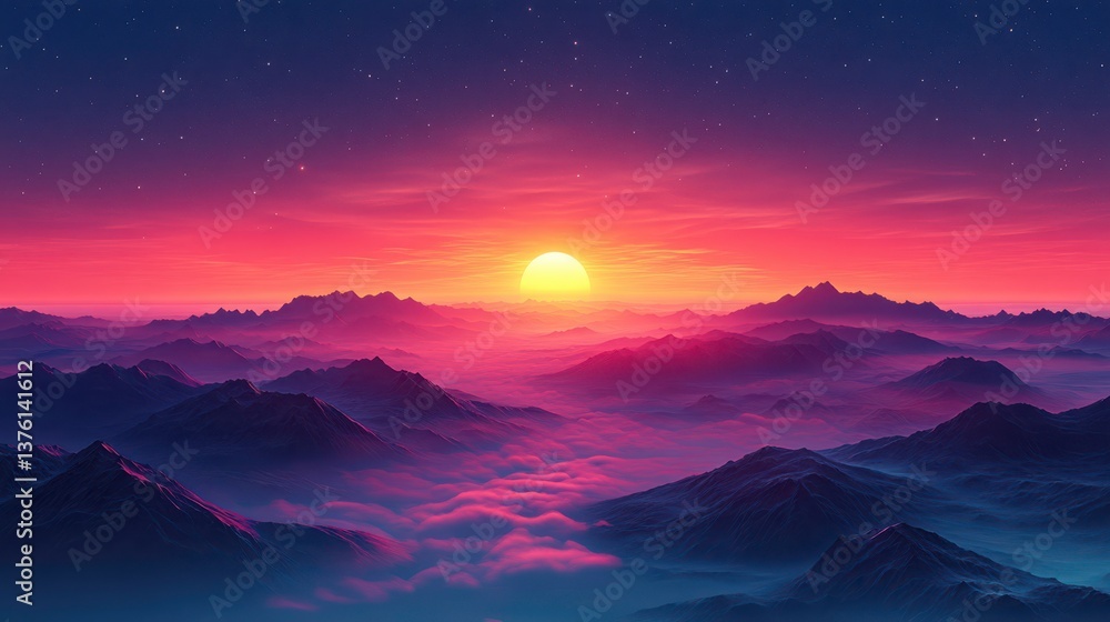 Fototapeta premium Majestic mountain ranges bathed in ethereal light and shrouded in mystic haze