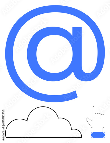 Large blue at sign above a minimalistic cloud outline and hand cursor pointing up. Ideal for email, cloud storage, digital communication, networking, internet usage, technology, flat simple metaphor