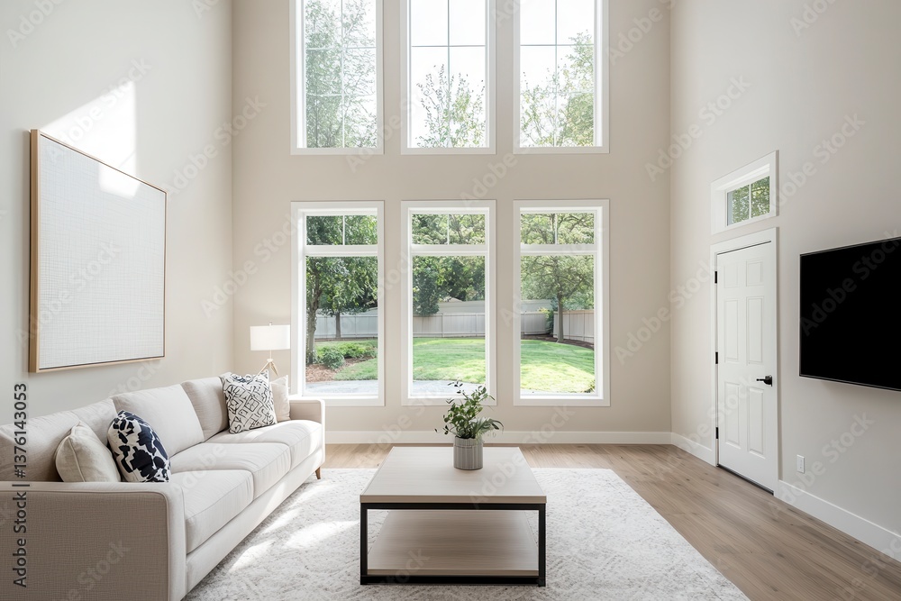 Fototapeta premium Bright and Spacious Living Room with High Ceilings and Natural Light