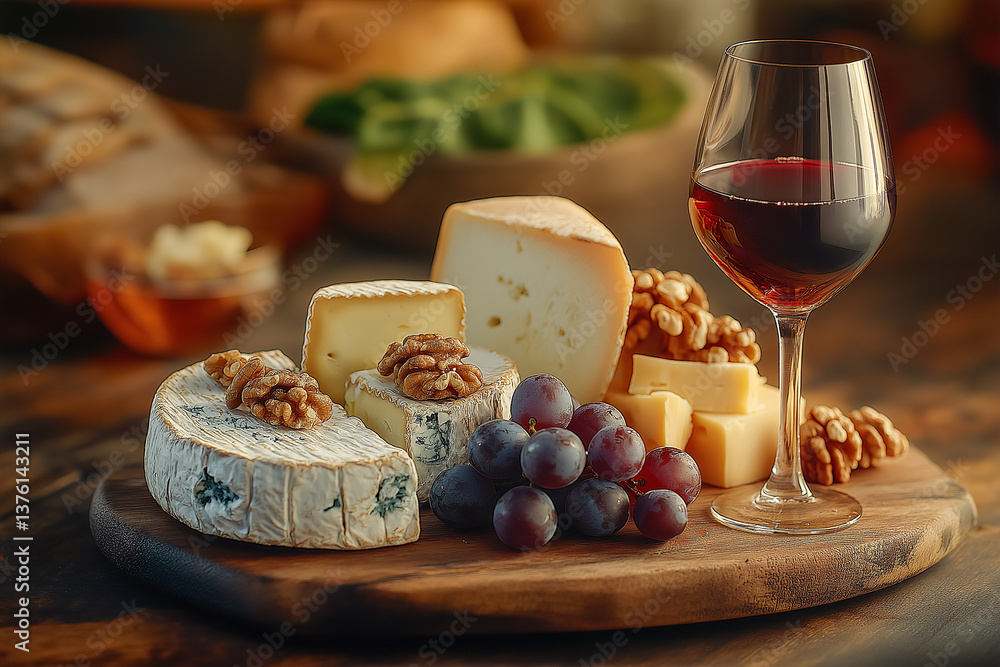 Elegant cheese board featuring assorted cheeses, grapes, walnuts, and a glass of red wine, perfect for a sophisticated snack. Elegant cheese board featuring assorted cheeses, grapes, walnuts, and a glass of red wine, perfect for a sophisticated snack.