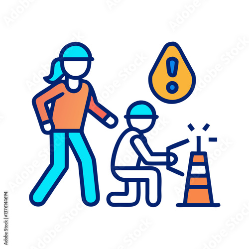 Parent and child observing a construction site with caution signs for safety awareness
