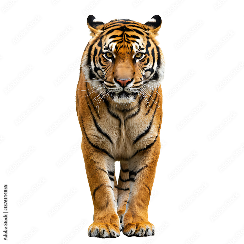 Obraz premium Majestic Bengal Tiger Walking Forward Isolated on Black Background