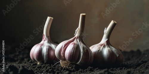 Four pink and white garlic bulbs are sitting in the dirt