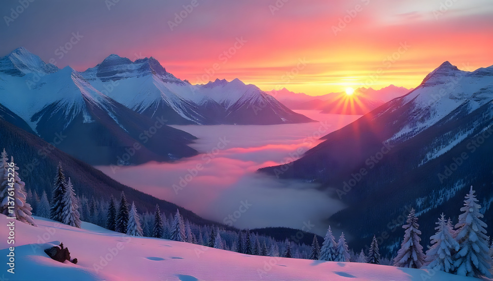 Naklejka premium A breathtaking view of snow-capped mountains at sunrise, with mist rolling through the valleys.