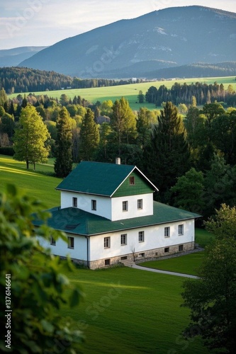 Wallpaper Mural arafed house in a green field with a mountain in the background Torontodigital.ca