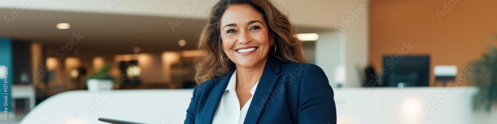 Confident hispanic female professional smiling in modern office setting Confident hispanic female professional smiling in modern office setting