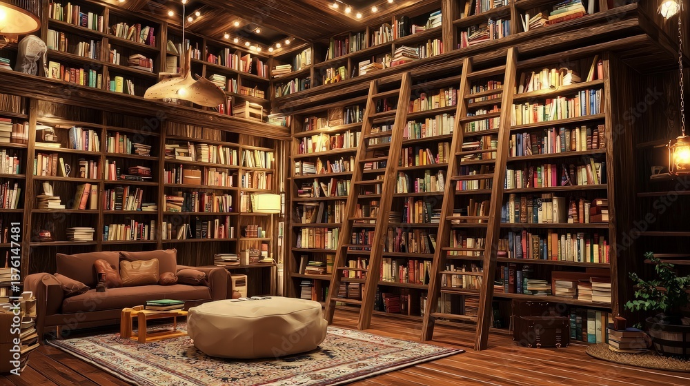 Obraz premium Cozy Library Interior, Warm Ambiance