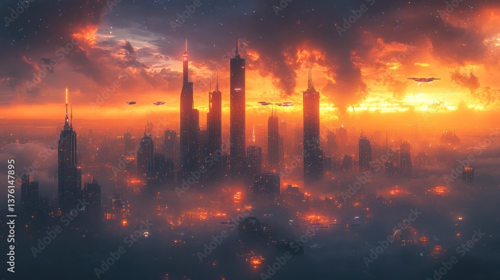 Fototapeta premium Futuristic city skyline, fiery sunset, aerial view, flying vehicles