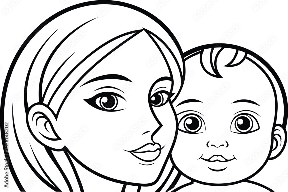 Line Art Portrait of Mother with Child, Black and White on Transparent Background Line Art Portrait of Mother with Child, Black and White on Transparent Background