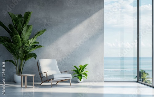 Indoor plant on white floor with empty concrete wall background, Lounge and coffee table near glass window in sea view living room of modern luxury beach house or hotel - Home interior 3d illustration