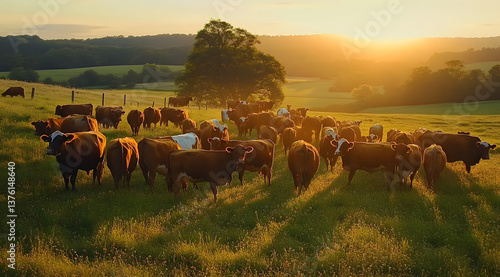 A herd of cattle engaged in rotational grazing on a verdant farm at sunset, demonstrating regenerative agriculture practices