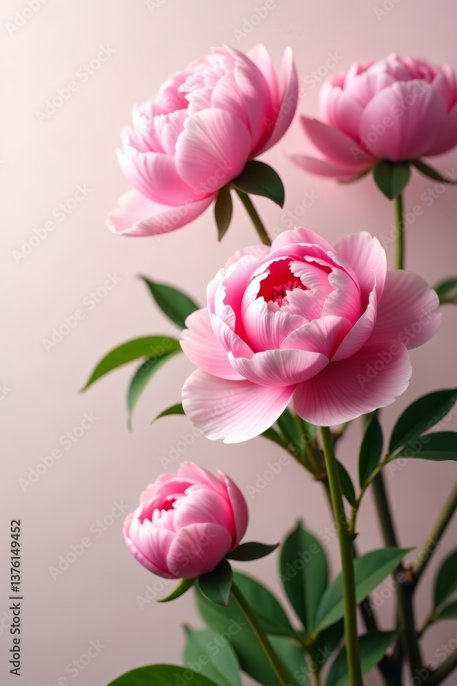 Breathtaking pink peonies in full bloom against a light backdrop, spring, flora, flowers