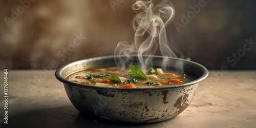 Steaming hot vegetable soup in a rustic metal bowl.