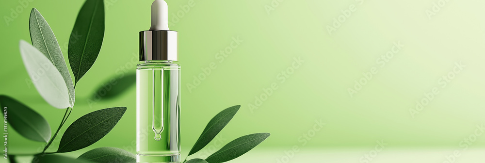 Obraz premium Green essential oil dropper bottle surrounded by green leaves, minimalist background