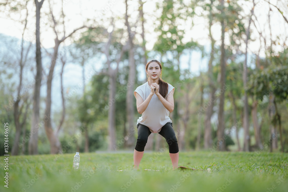 Young Asian woman practicing yoga in a quiet park, gracefully in a relaxed pose, relaxing and strengthening her body, flexibility and relaxation amidst the green grass. Young Asian woman practicing yoga in a quiet park, gracefully in a relaxed pose, relaxing and strengthening her body, flexibility and relaxation amidst the green grass.