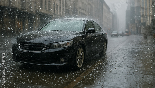 A car in a hail storm on a downtown street,  parked in the city. A weather damaged vehicle low angle, hail stones on ground, hail damaged car, severe weather insurance claim, copyspace - deductible