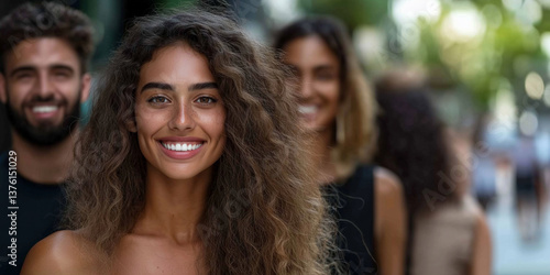 A woman with curly hair is smiling and standing in front of a group of people