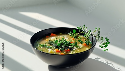 Healthy Vegetable Soup with Fresh Herbs in Black Bowl.