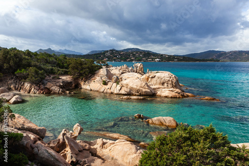 Turquoise waters meet rocky shores near San Teodoro, Sardinia. A Mediterranean paradise with emerald hues, holiday destination. The rugged coastline. Stunning views.