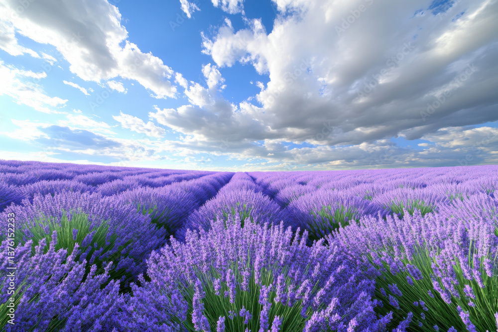 Fototapeta premium Blooming lavender field under cloudy sky creating scenic landscape