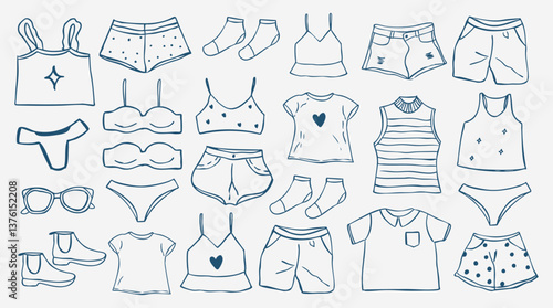 Hand drawn clothes collection, doodle: shorts, t-shirt, tank top, panties, socks. Fashion outfit. Vector illustration