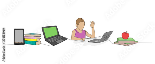 set of students answering in class, response to teacher one color line art. Continuous line drawing of online learning, knowledge, school, preparation, answer, lesson