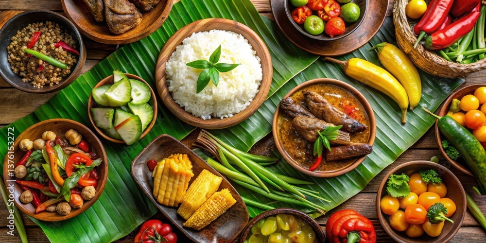 Fototapeta premium Aromatic Cuisine Featuring Steamed Rice, Savory Curries, and Vibrant Vegetable Dishes Served on Tropical Leaves