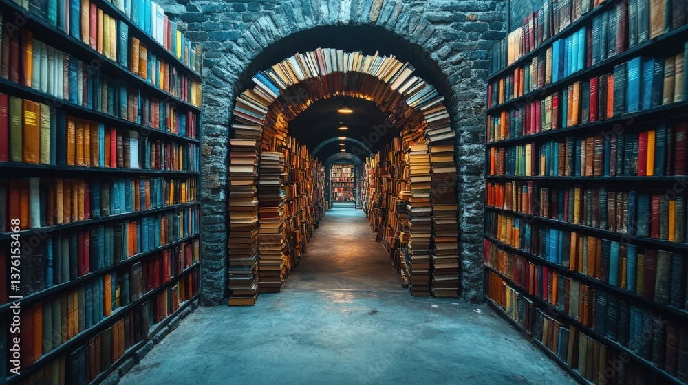 A captivating stone archway library, filled with countless books, creating a mesmerizing passage