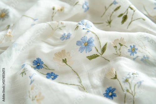 Delicate embroidered floral fabric, showcasing blue and cream blossoms on a sheer white textile.