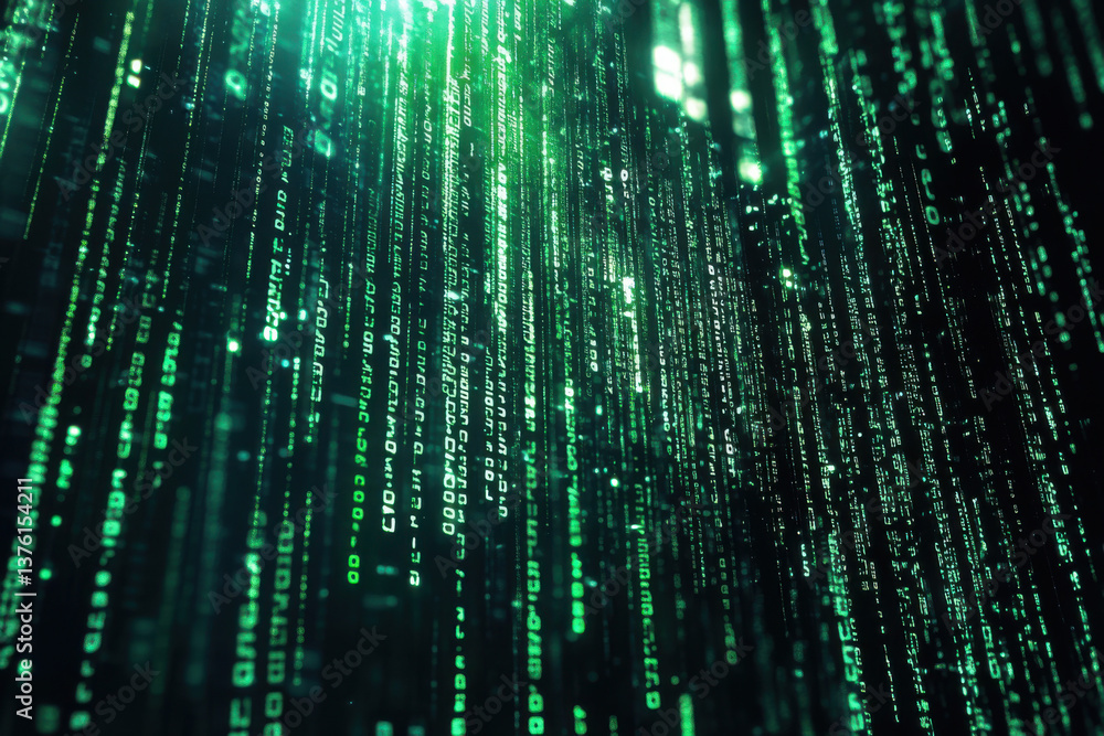 Green matrix effect of falling binary code on black background Green matrix effect of falling binary code on black background