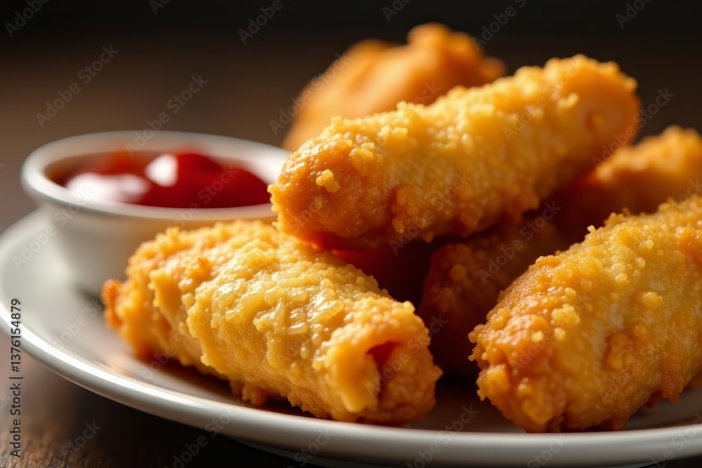 Close-up of crispy fried chicken wings in golden batter with fresh ketchup on the side, snack, ketchup Close-up of crispy fried chicken wings in golden batter with fresh ketchup on the side, snack, ketchup