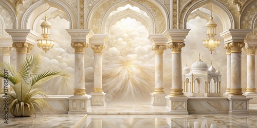 Serene Palace Hallway with Ornate Columns, Golden Accents, and Celestial Backdrop