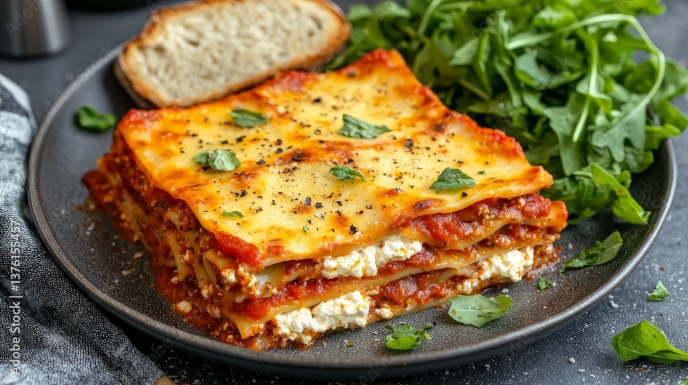 Lasagna with salad, plate, bread Lasagna with salad, plate, bread