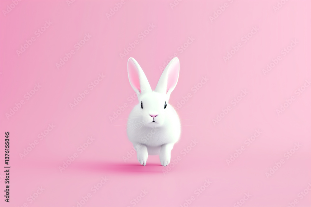Obraz premium White bunny rabbit jumping on soft pastel pink background, cute animal spring and Easter concept