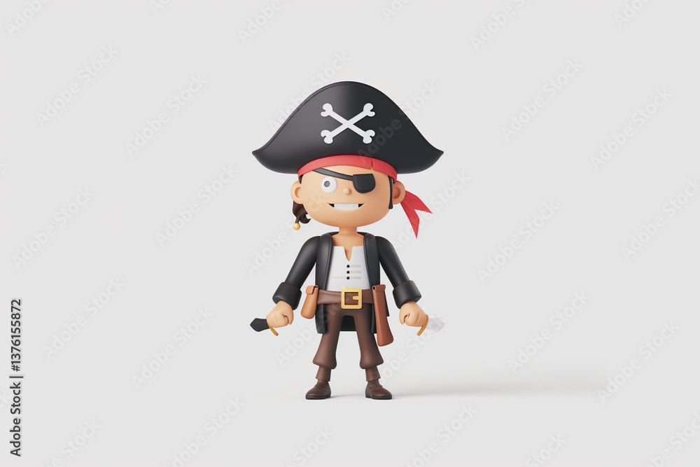 Cartoon pirate character with eyepatch, hat, and swords on white background, fun kids adventure theme Cartoon pirate character with eyepatch, hat, and swords on white background, fun kids adventure theme