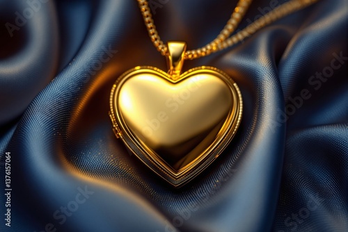 Heart-shaped golden locket with a chain resting on elegant dark blue silk fabric background, symbolizing love, romance, and luxury. Ai generative