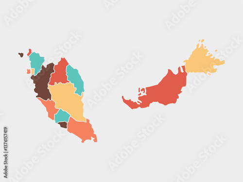 Colored map of Malaysia divided into states and territories. White flat design isolated on a white background. Highly detailed illustration