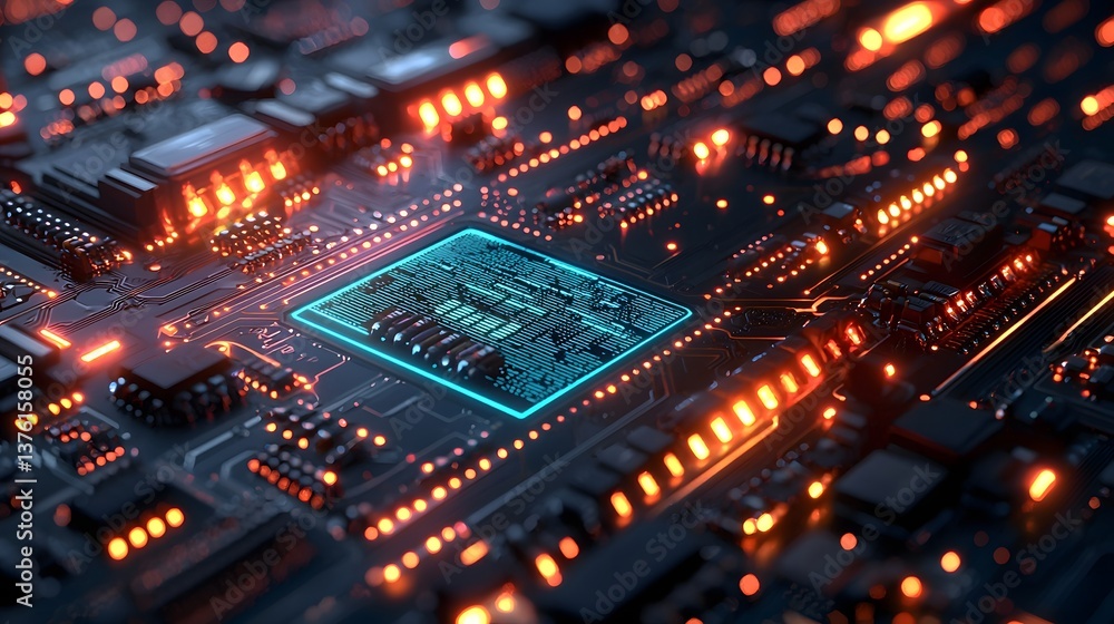 Glowing circuit board on a sleek digital grid background Glowing circuit board on a sleek digital grid background