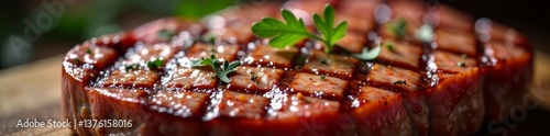 Close-up of deliciously marbled steak with grill marks, savory, protein