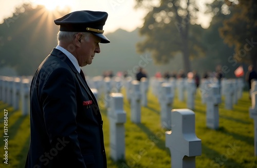 An elderly war veteran mourns at the grave of a comrade killed in action, with a cemetery and dawn in the background