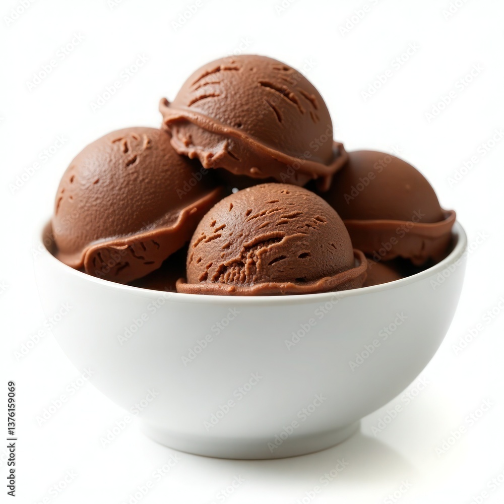 Delicious chocolate ice cream scoops piled high in a white bowl, perfect for a sweet treat. Delicious chocolate ice cream scoops piled high in a white bowl, perfect for a sweet treat.