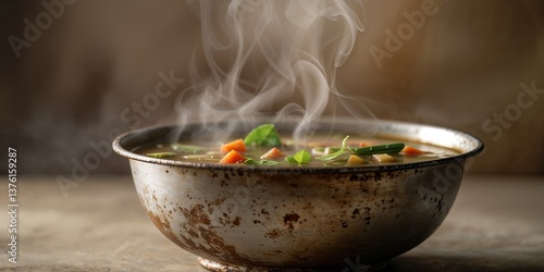 Steaming hot vegetable soup in a rustic metal bowl