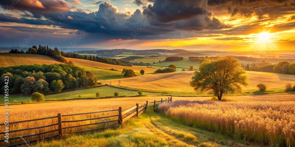 Fototapeta premium Golden Hour Serenity Rolling Hills, Sunset Glow, and a Solitary Tree by a Rustic Fence