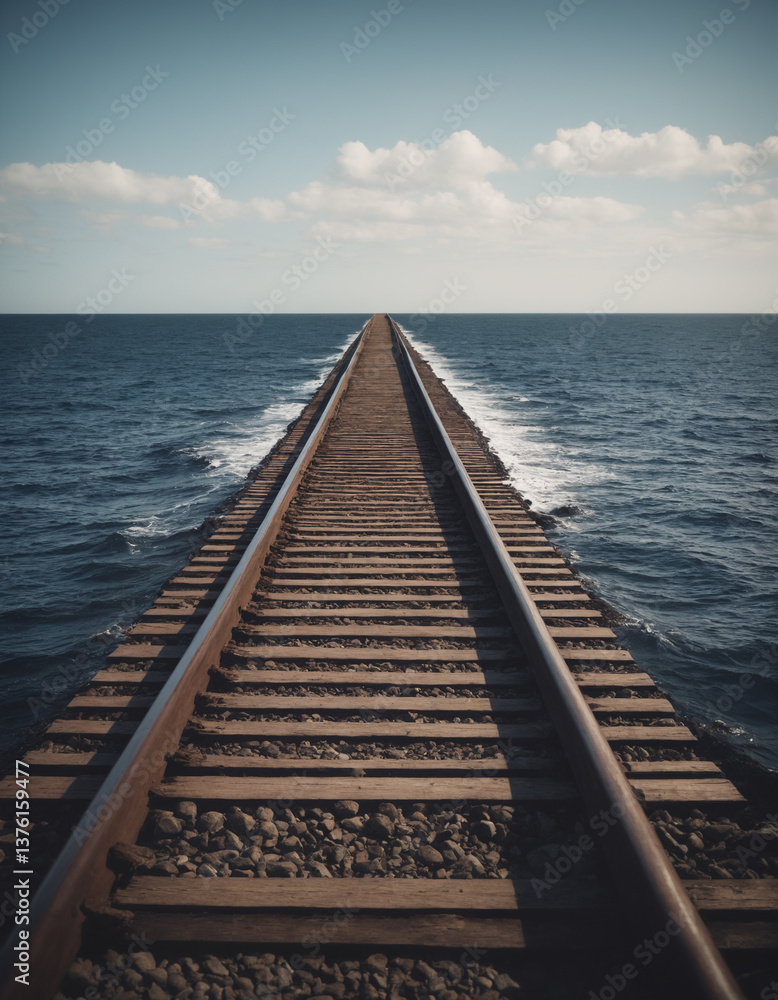 Fototapeta premium Endless Railway Tracks Over the Ocean – Journey into the Horizon