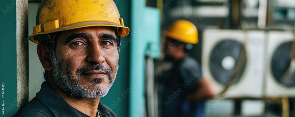 A portrait of an electrician in work and hard hat, standing next to air conditioning products at the factory entrance A portrait of an electrician in work and hard hat, standing next to air conditioning products at the factory entrance