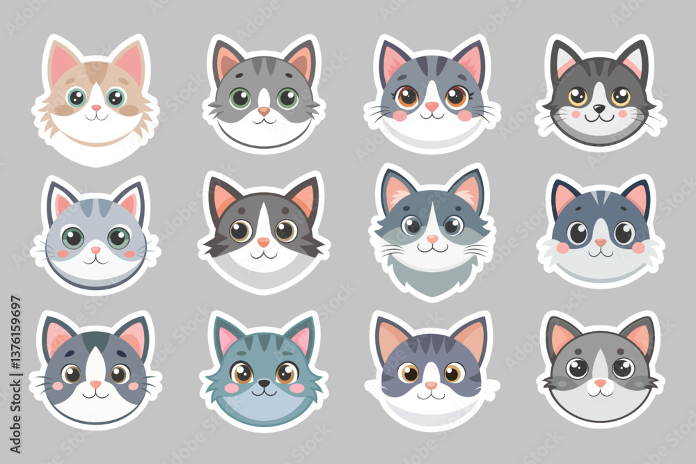 Cute cat face stickers set. Collection of adorable cat faces. Illustration. Cute cat face stickers set. Collection of adorable cat faces. Illustration.