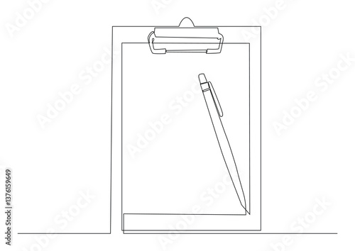 Continuous one line drawing of isolated vector object - clipboard with pen.