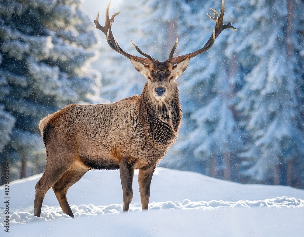 Noble deer male in winter snow forest. Artistic winter christmas Noble deer male in winter snow forest. Artistic winter christmas