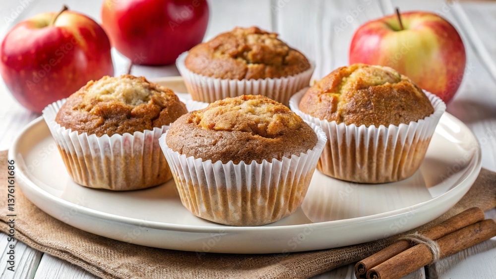 Four apple spice muffins on paper plate on white bg
Four apple spice muffins on paper plate on white bg